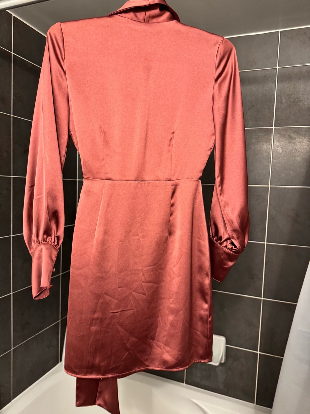 Dynamite Mauve Satin Wrap Dress with Long Sleeves - Picture 2 of 3